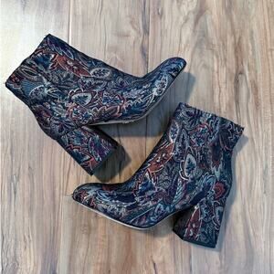NICOLE MILLER Artelier gold red blue jacquard cloth chunky heeled booties boots